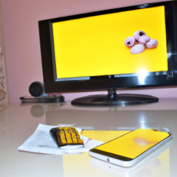 A yellow phone with a dual-camera, a white television set with a remote, and a computer screen with a document open.