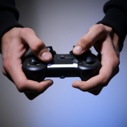 description: an image of a person holding a game controller, with buttons and joysticks visible, but without any specific branding or logos.