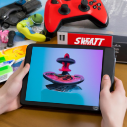 description: an anonymous image shows a person holding a nintendo switch console with mario kart 8 deluxe displayed on the screen. the console is placed on a table with various nintendo switch games and accessories around it.