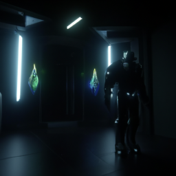 description: a screenshot from the system shock remake, showing the player character in a dimly lit hallway with a futuristic gun in hand. the environment is dark and eerie, with flickering lights and pipes lining the walls. the player character is dressed in a suit and helmet, suggesting they are an astronaut or space explorer.