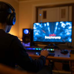 description: a player is shown sitting in front of a computer screen, with a keyboard and guitar controller in front of them. the player is wearing headphones and appears to be focused on the game. the background is blurred, but it appears to be a bedroom or living room setting.