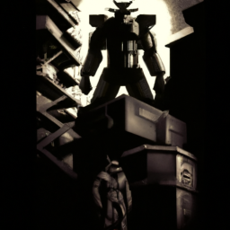 description: A fan-made illustration of Solid Snake, clad in his iconic sneaking suit, standing in front of a giant Metal Gear robot. The image is rendered in a dark, gritty style, with dramatic lighting and heavy shadows.