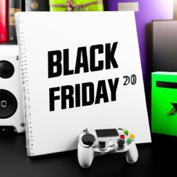 description: an image featuring an xbox series s console with a controller, surrounded by various video game cases and a black friday sale sign.
