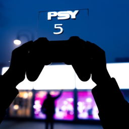 A silhouette of a person holding a gaming controller in their hands, standing in front of a store window with a sign that reads 'PlayStation 5'.