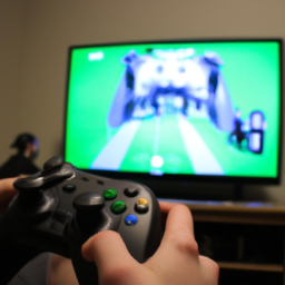 description: a person playing a video game on an xbox console, with a controller in their hand and a tv screen in the background.
