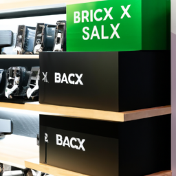 description: an image showing a display of xbox series x and xbox series s consoles stacked on a shelf, with a sign indicating the black friday discount.