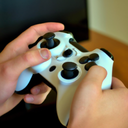 description: A person playing a PC game on their Xbox console using a controller.