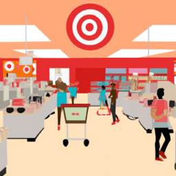 description: the image shows a busy target store with shoppers browsing through various aisles, with colorful displays and products.