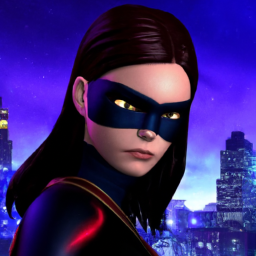 description: an anonymous image featuring a young actress in a superhero costume, looking intense and mysterious, with a backdrop of city lights and buildings.