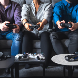 description: an anonymous image featuring a diverse group of gamers sitting on a couch, playing ubisoft games on various gaming consoles. the image captures the excitement and camaraderie of gaming, highlighting the immersive experiences available through ubisoft plus.