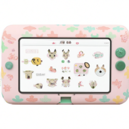 description: an anonymous image of a sleek and portable handheld console in pastel colors, adorned with adorable animal-themed patterns. the console features a special animal crossing design, with iconic characters and elements from the game. it showcases the perfect gift for nintendo fans, capturing the essence of the animal crossing switch console.
