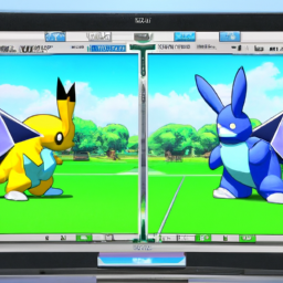 description: an image of a pokemon battle scene on a television screen, with two players facing each other, each controlling their pokemon on opposite sides of the screen.