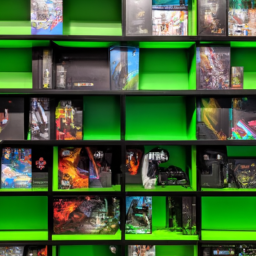 description: an anonymous image showcasing a variety of xbox games, consoles, and accessories neatly displayed on shelves. the vibrant game covers and sleek console designs create an enticing visual representation of the xbox online store's offerings.