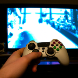 description: an image showing a person holding an xbox controller, with a television screen displaying gameplay in the background.