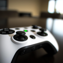 description: An Xbox controller sitting on a table with a blurred background. The controller is black with white buttons and a white logo in the center. The image conveys the idea of an Xbox update, with the controller representing the console.