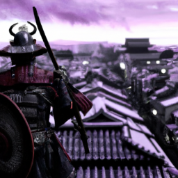 description: an anonymous image showcasing a lone warrior standing atop a rooftop, overlooking a bustling 19th century japanese city. the warrior is clad in traditional samurai armor and wields a katana, ready to face the challenges that lie ahead.