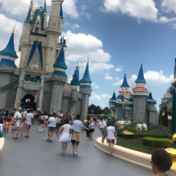 description: a photo of a theme park with a large castle in the center. there are crowds of people walking around and enjoying the attractions.