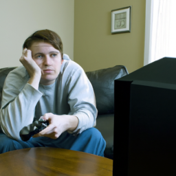 Description: A person sitting in front of a television with an Xbox controller in their hand, looking frustrated.