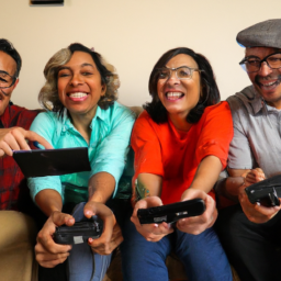 description: an image showing a diverse group of people of different ages and backgrounds playing the nintendo switch together. they are all smiling and having a great time, showcasing the inclusive and family-friendly nature of the console.