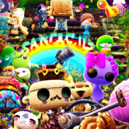 description: a colorful, whimsical world filled with platforms, obstacles, and adorable characters. the main character, sackboy, is front and center, wearing a cute outfit and holding a staff. other characters can be seen in the background, including a large, friendly-looking creature and a group of smaller creatures wearing hats. the world around them is bright and cheerful, with colorful flowers and trees dotting the landscape.
