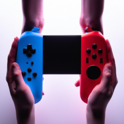 A pair of hands holding a console with neon red and blue Joy-Con controllers. It's time for some deals.