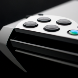 description: an anonymous image depicting a gaming console with sleek lines and a futuristic design, showcasing an array of buttons and ports.