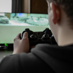 description: An anonymous person sitting at a desk with an Xbox controller in their hand, focused on the computer screen in front of them.