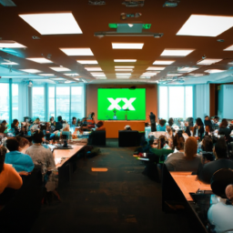 description: a photo of a conference room filled with people, with a large screen displaying the xbox logo on it. the attendees are engaged in a discussion, expressing excitement and anticipation for the upcoming business update event.