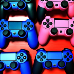 description (anonymous): an image showcasing the vibrant and diverse colors of the ps5 controller collection. the controllers are lined up neatly, displaying shades of red, blue, pink, purple, and more.