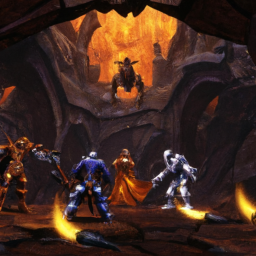 description: a screenshot from diablo 4, showing a group of adventurers battling a menacing demon in a dark, foreboding dungeon. the game's stunning graphics are on full display, with intricate details and impressive lighting effects.