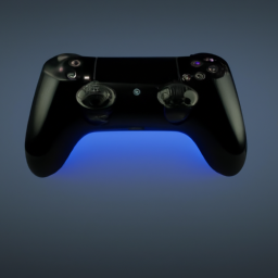 description: an image showcasing a gaming console with a sleek, futuristic design. the console is black with blue led lights, and it features multiple ports and buttons for connectivity and control.