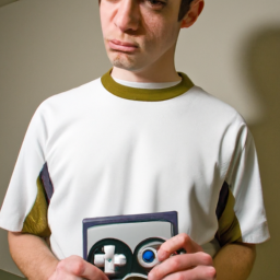 description: a person holding an xbox game in their hand, looking at it with a disappointed expression on their face.