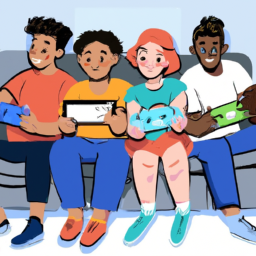 description: an image featuring a group of friends playing the nintendo switch lite together, enjoying a multiplayer game.