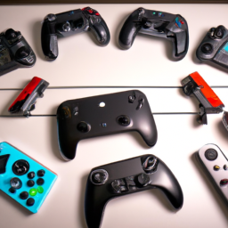 description (anonymous): an image showing different types of nintendo switch controllers, including a pro controller, joy-con controllers, a gamecube controller, a custom-designed controller, and a wireless controller. the controllers are neatly arranged on a gaming desk, ready for use.