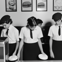 description: a group of teenagers working in a fast food restaurant. they are wearing uniforms and standing behind the counter, with one of them holding a tray of food. they appear to be busy and focused on their work.