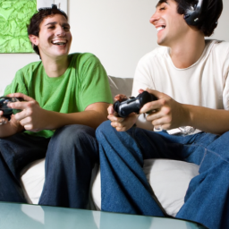 description: an image of two gamers sitting on a couch, each holding an xbox controller and wearing headsets as they talk to each other through the new party chat system. they have big smiles on their faces and seem to be having a great time.