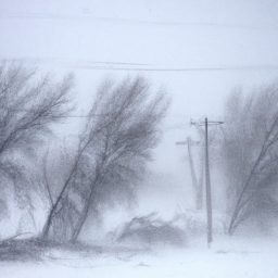 description: the image shows a snow-covered landscape with strong winds blowing the snow sideways. trees are bent due to the force of the wind, and power lines hang precariously. the visibility is extremely limited, with only a faint outline of buildings in the background. it depicts the chaos and disruption caused by the blizzard.