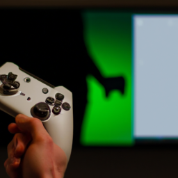 description: an image showcasing a person holding an xbox controller, wirelessly connected to a pc, with a game on the screen.