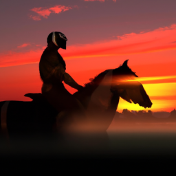 description: an anonymous image of a player riding a horse in a virtual world with a beautiful sunset in the background.
