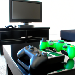 description: a sleek black console with green accents sits on a white table in front of a large tv screen. the controller is resting on top of the console, and various game cases are scattered around it.