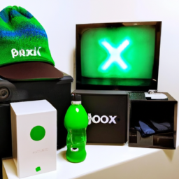 description: an anonymous image featuring a range of xbox-themed merchandise including t-shirts, sweaters, hats, and camping gear. the image also showcases the xbox mini fridge, designed to resemble an xbox series x console.