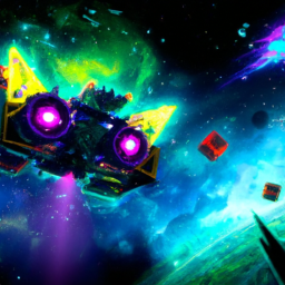 description (without actual names): an image showcasing a futuristic space setting with a spaceship soaring through the starry sky. the vibrant colors and intricate details create a visually stunning scene that captures the essence of starfield's immersive gameplay experience.