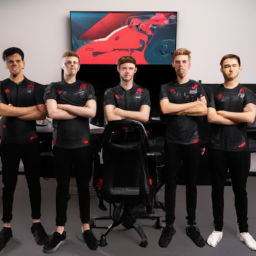 Description: An anonymous image of the Redbird Esports team posing in their new facility, surrounded by gaming equipment and monitors.