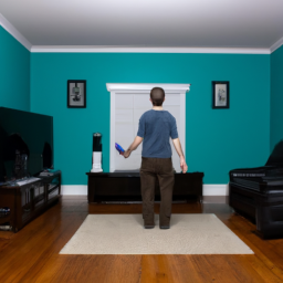 description: a photo of a person holding a kinect device in front of their television. the person is standing in the middle of their living room, with plenty of space around them.