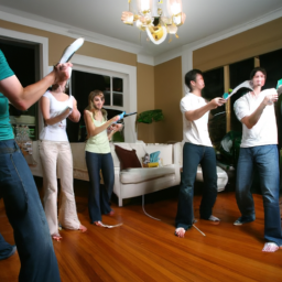 description: an image featuring a group of friends gathered around a television, holding wii remotes and engaging in a lively game of wii sports.