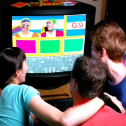 an image depicting a group of friends sitting together in front of a computer screen, laughing and having fun while playing an old computer game. the screen displays pixelated graphics and vibrant colors, reminiscent of the games from the 80s and 90s.