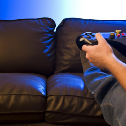 A person sitting on a couch in front of a large TV screen while holding a game controller.