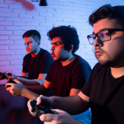 description: a group of gamers immersed in intense gameplay, with their eyes fixed on the screen and hands gripping controllers.