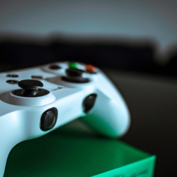 description: an image of an xbox one s console with a controller sitting on top of it. the background is blurred, and the focus is on the console and controller. the image is anonymous, with no actual names or branding visible.