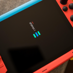 description: an image of a nintendo switch console with a controller attached, sitting on a table. the screen shows a game in progress. the image is taken from above and is slightly blurred around the edges.